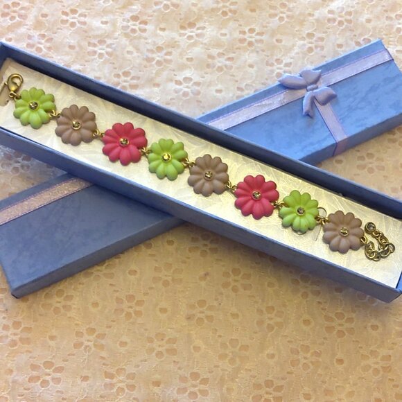 Vintage New Green Pink Gray Art Deco Multi Floral Charms Silver Bangle Bracelet - Picture 5 of 6